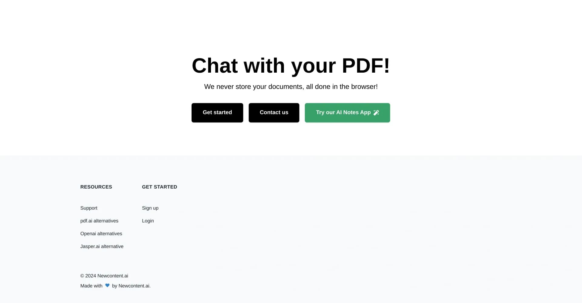 PDFConvov2.0.1 homepage screenshot — Chat directly with your PDFs using AI.