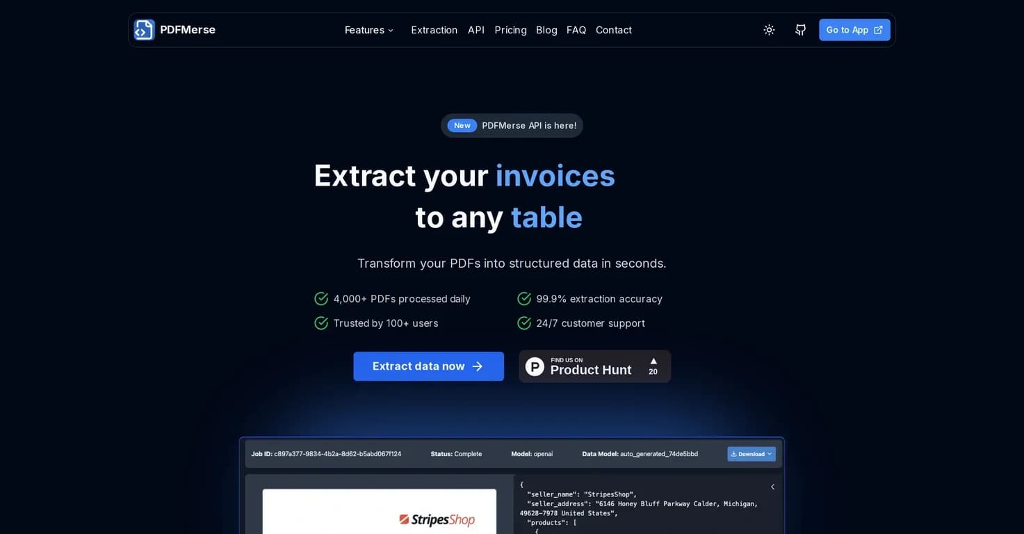 PDFMerse homepage screenshot — Extract any PDF to structured data with AI