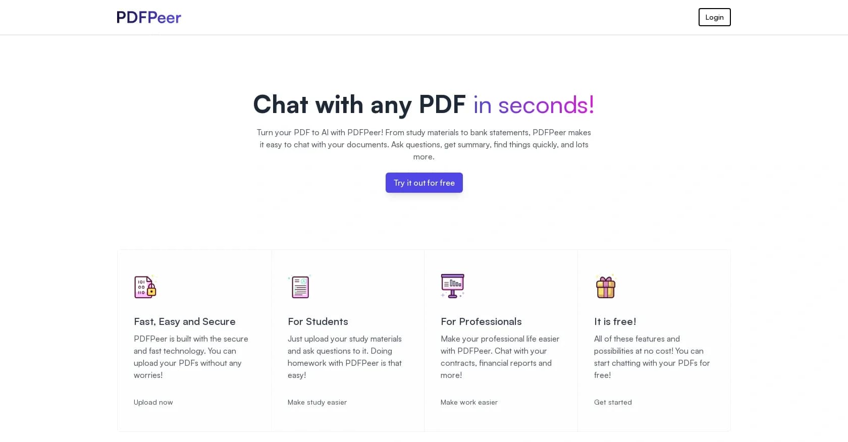 PDFPeer homepage screenshot — Chat with any PDF in seconds