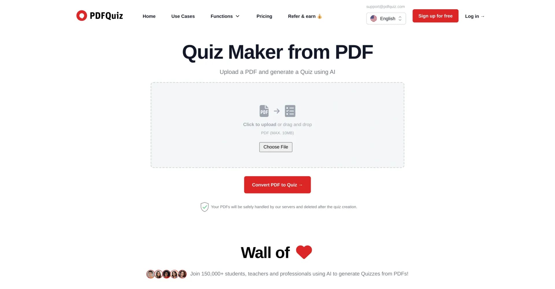 PDFQuiz homepage screenshot — AI-powered PDF to quiz converter