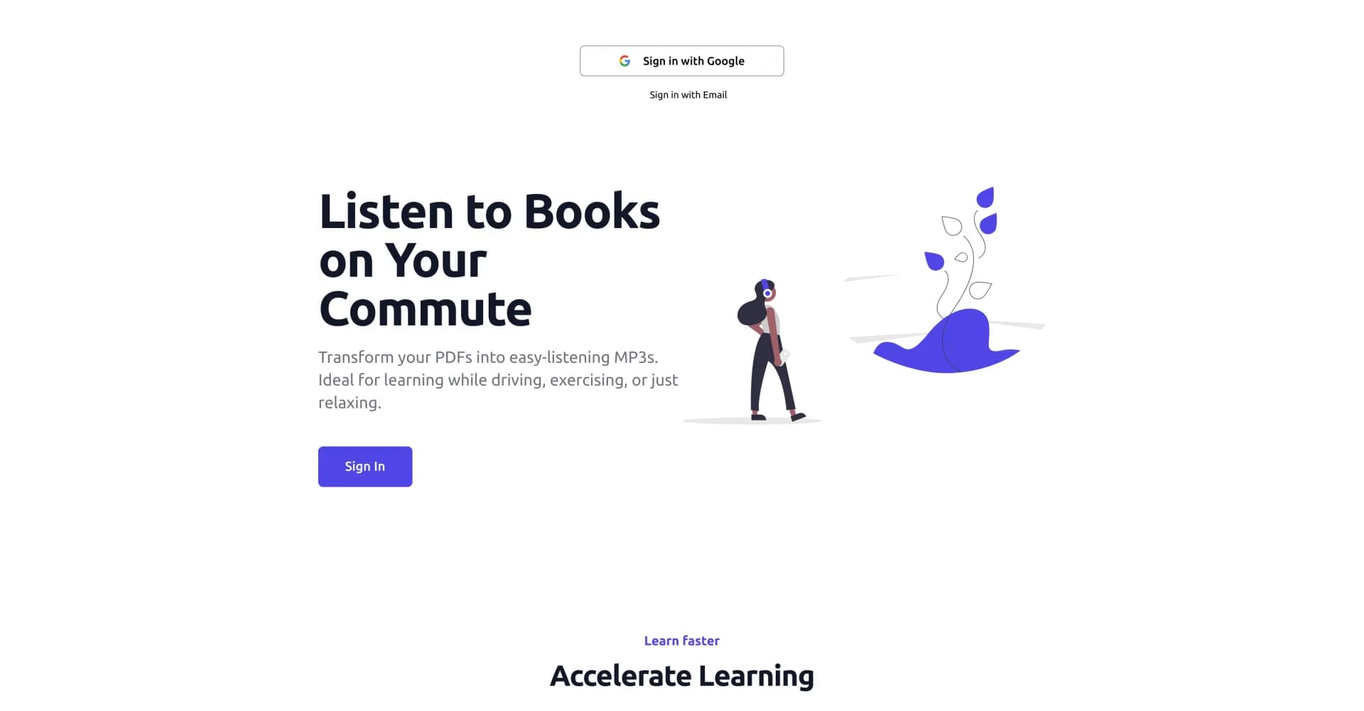 PDFToMP3 homepage screenshot — Transform PDFs into easy-listening MP3s.
