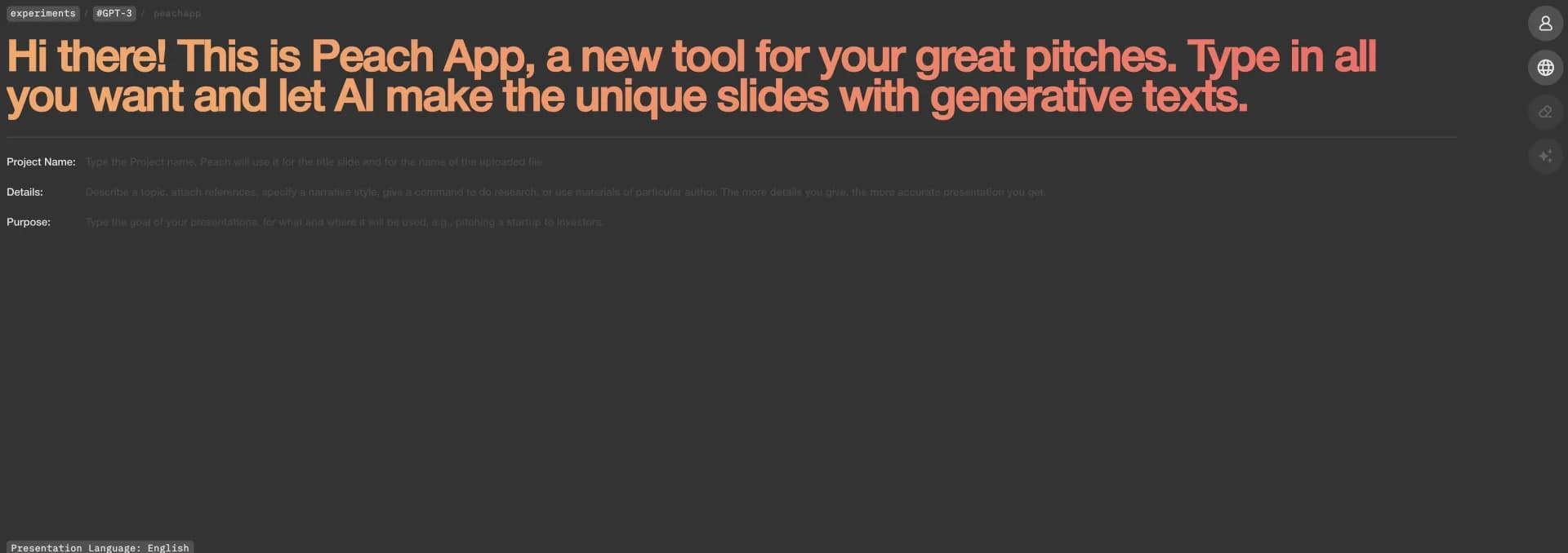 Peach App homepage screenshot — AI-powered slides from your pitch ideas.