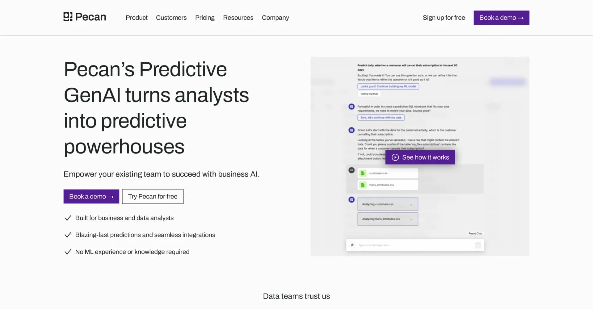 Pecan AI homepage screenshot — Deliver impactful predictions with AI-powered analytics.