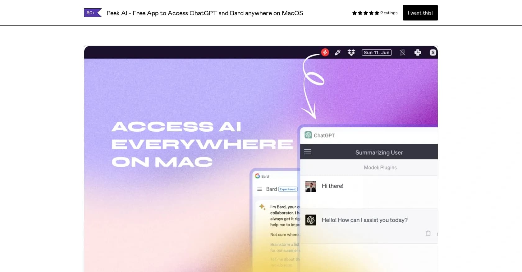 Peek AI homepage screenshot — Access multiple AI chatbots from your Mac's menu bar