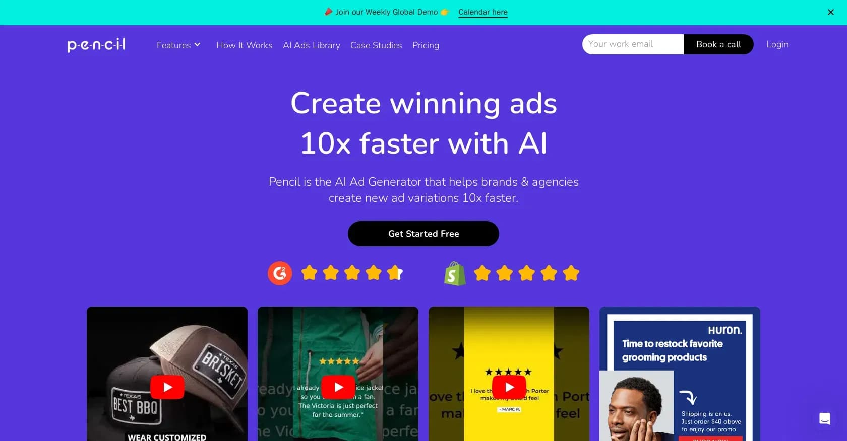 Pencil homepage screenshot — Generate unlimited AI-powered ad creatives for ecommerce