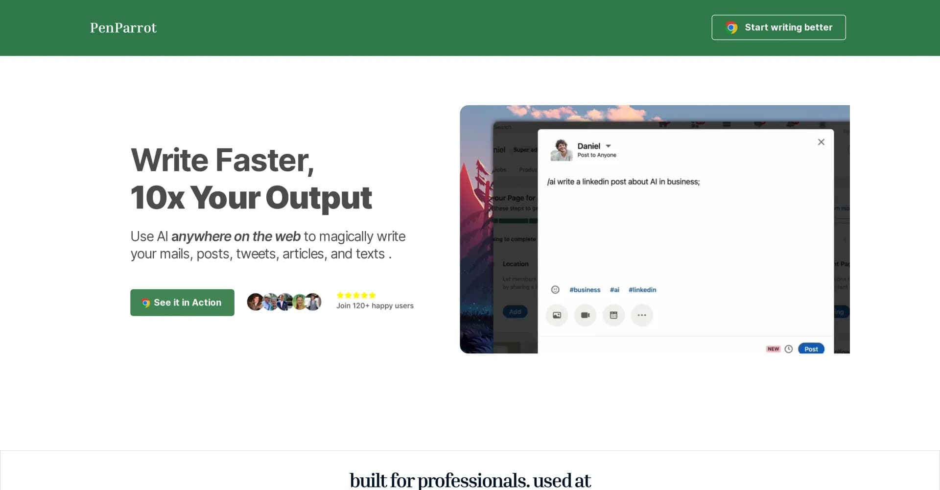 Penparrot homepage screenshot — AI writing assistant for every browser app