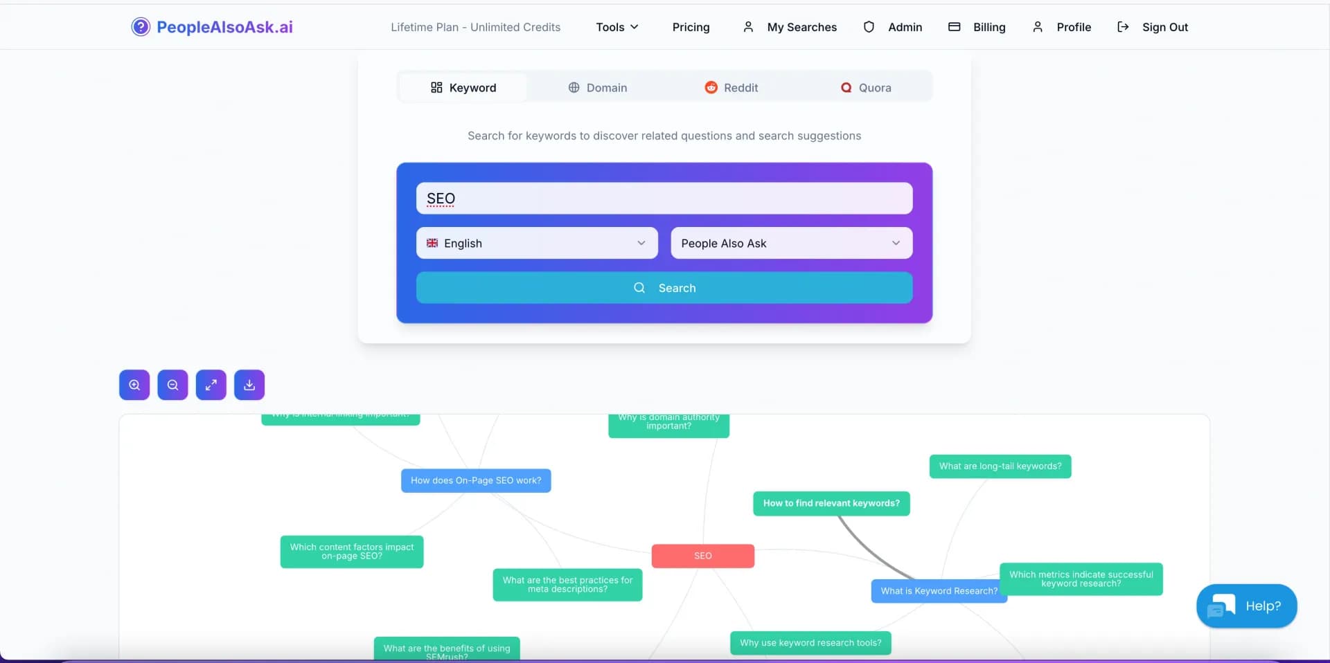 PeopleAlsoAskv2.0 homepage screenshot — People Also Ask + AI = SEO Goldmine