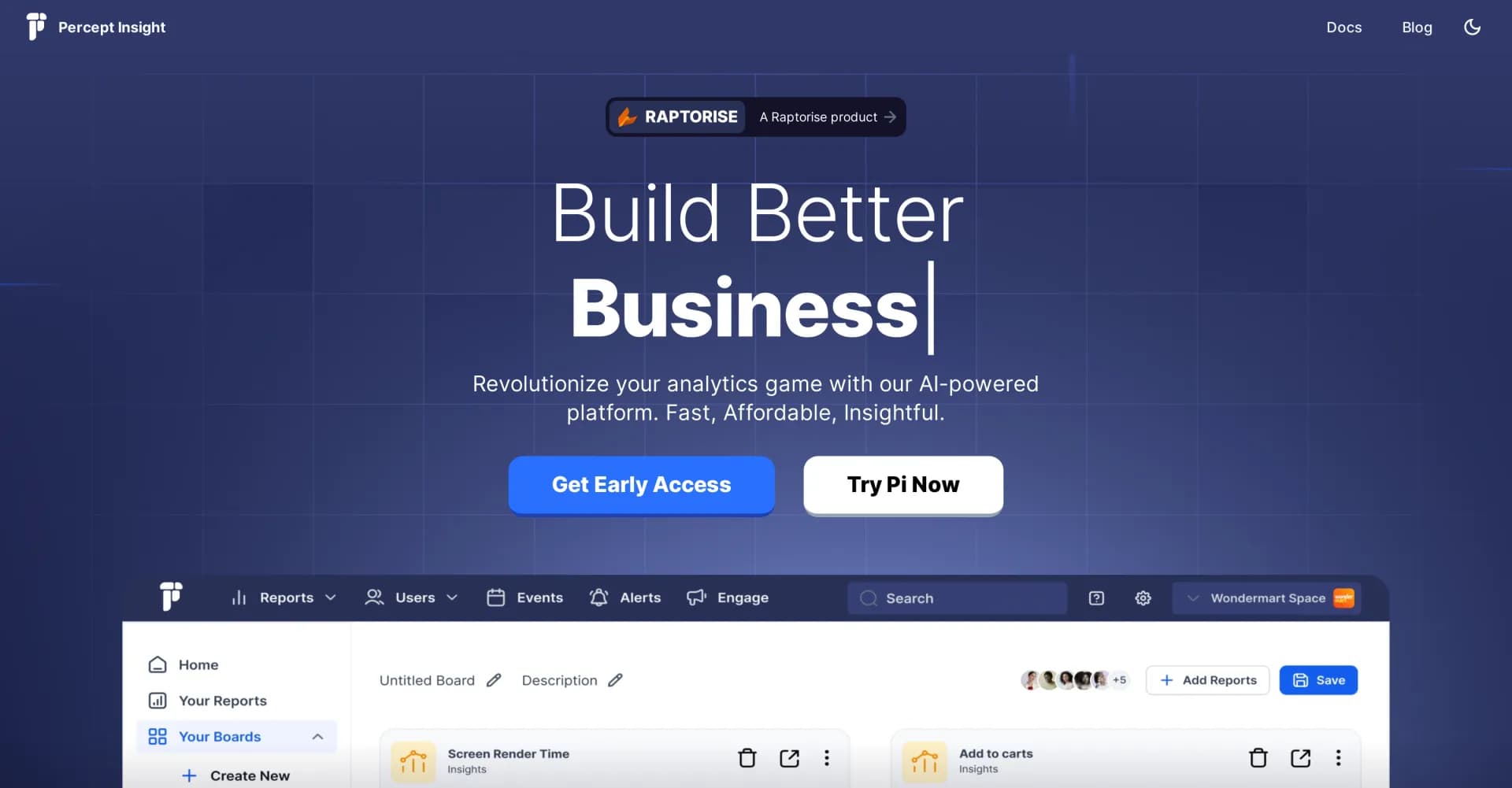 Percept Insight homepage screenshot — AI-powered analytics: Fast, affordable, insightful.