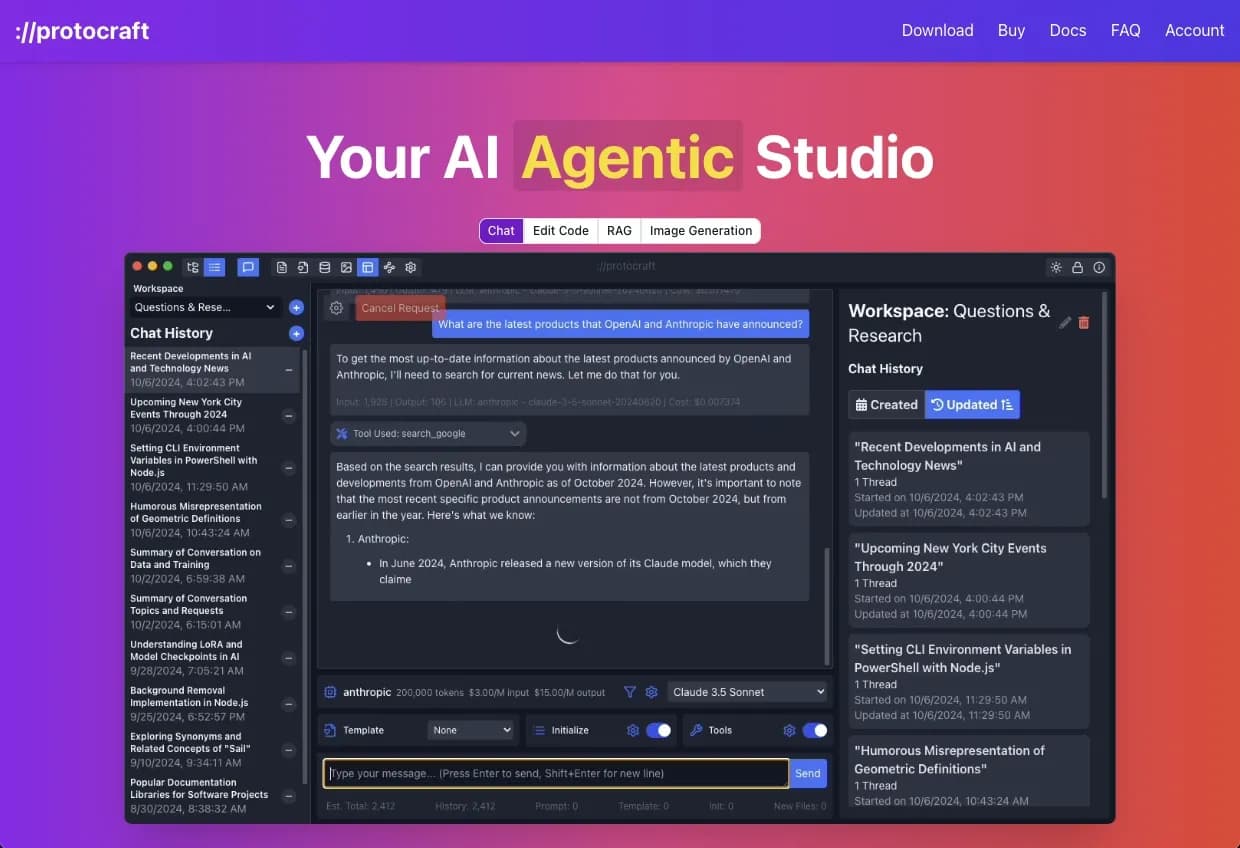 Protocraft AIv3.1.17 homepage screenshot — Your AI Studio for supercharged productivity, file managemen