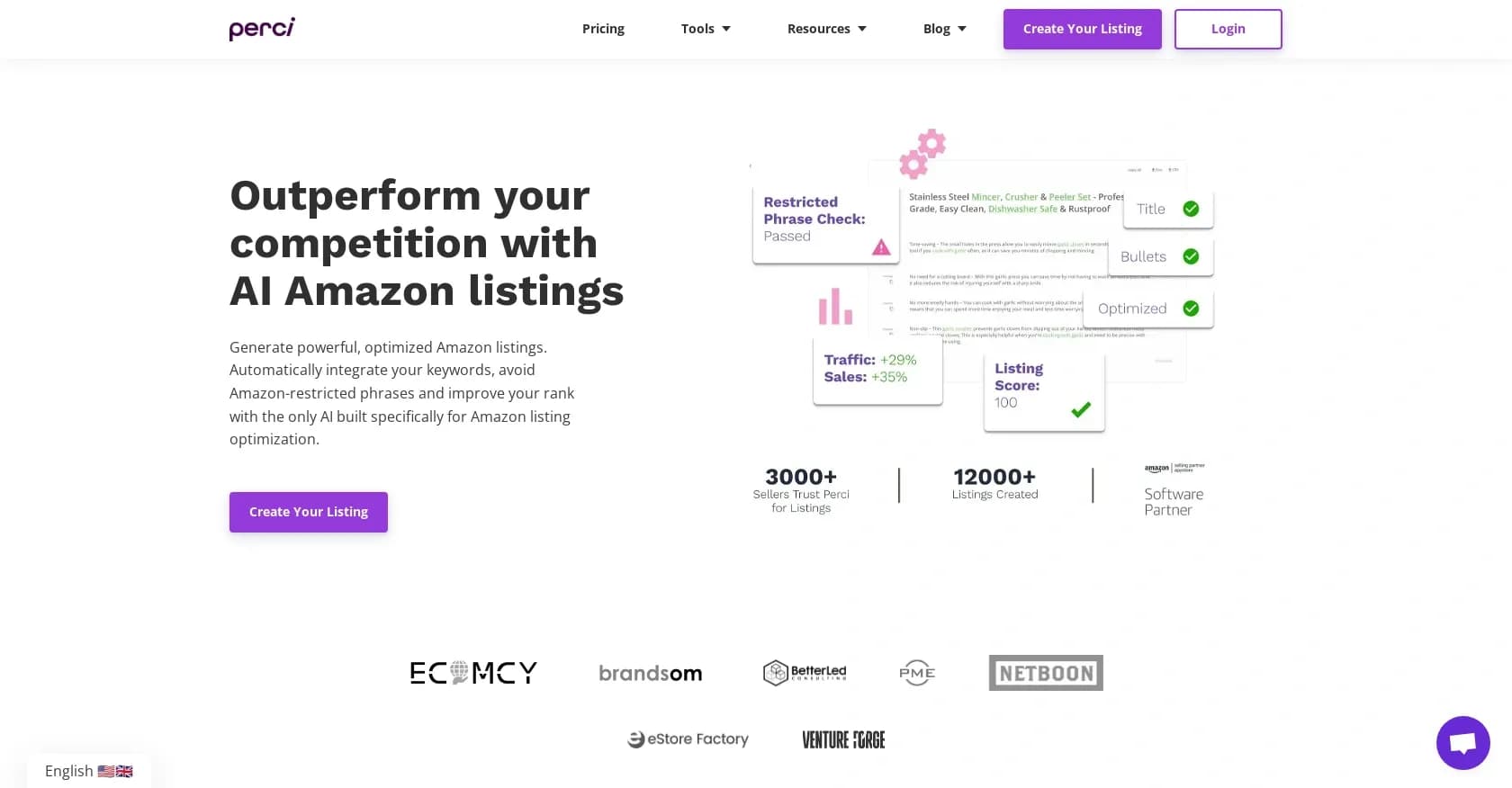 Perci homepage screenshot — AI-powered Amazon listings that rank and sell.