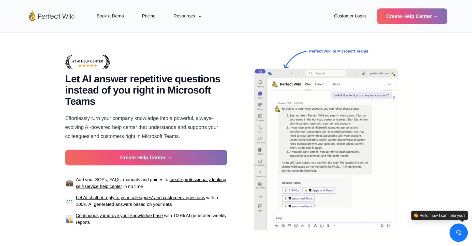Perfect Wiki homepage screenshot — AI answers repetitive questions in Microsoft Teams