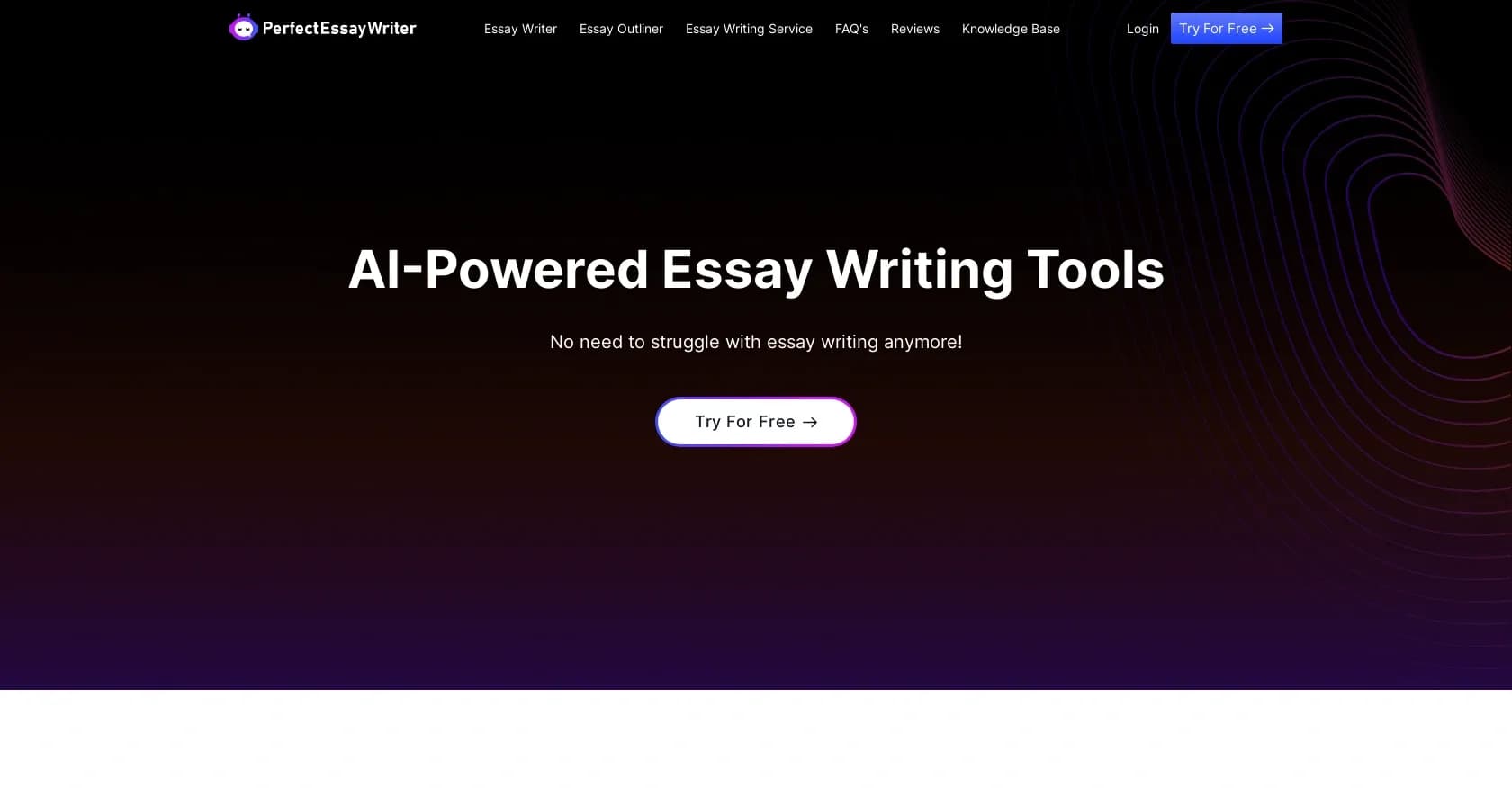 PerfectEssayWriter homepage screenshot — Instant essays from simple briefs.
