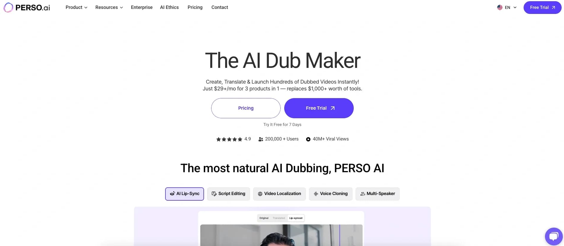 PERSO.ai homepage screenshot — AI dubbing: Create global videos instantly