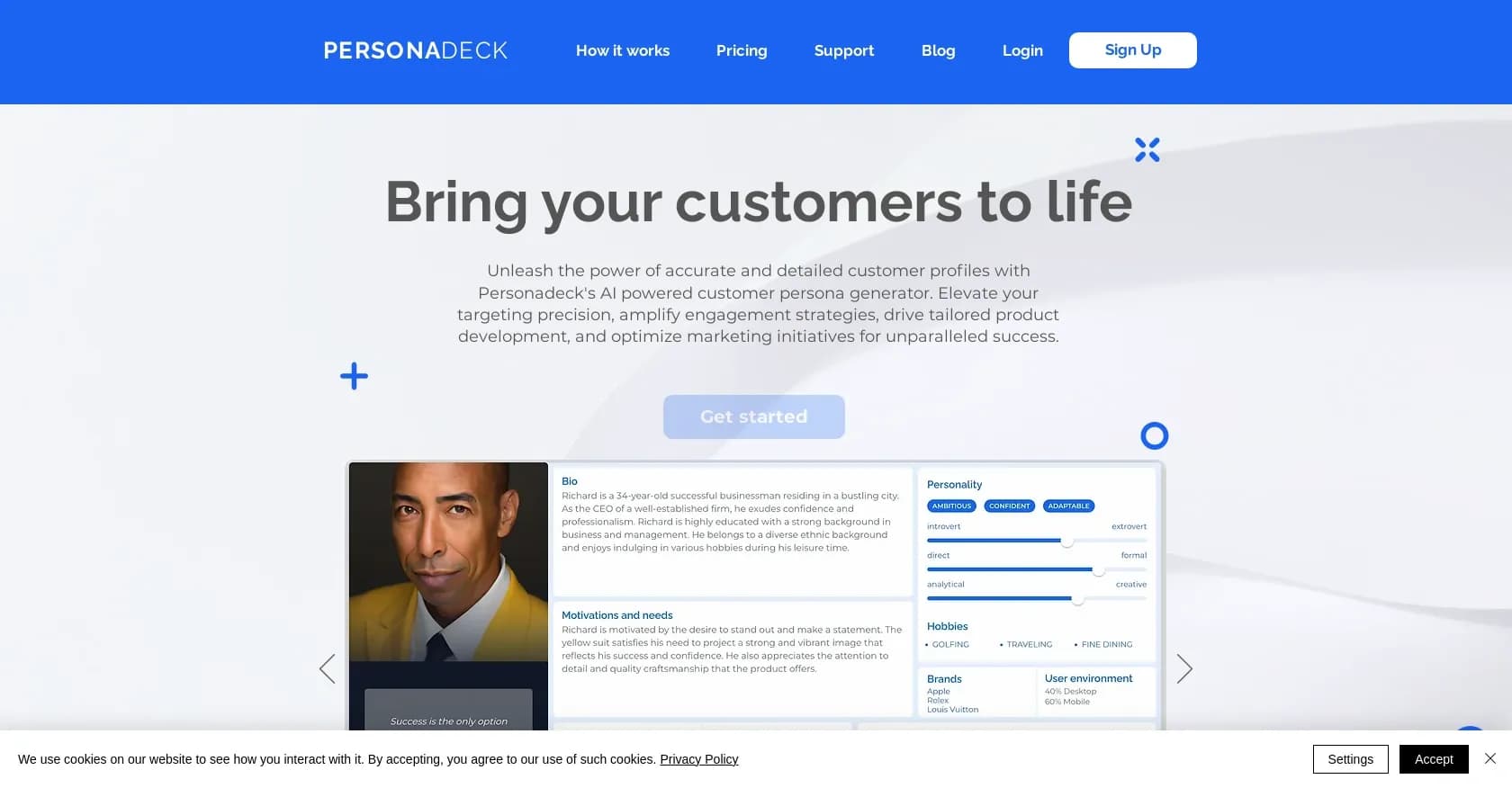 Personadeck homepage screenshot — AI-powered persona generator for precise customer targeting