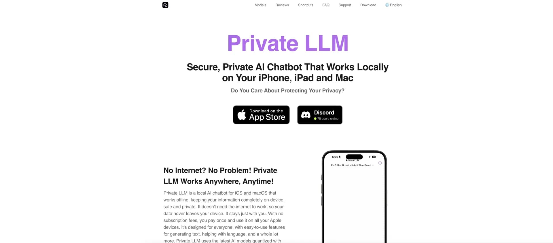 Personal GPT homepage screenshot — Your private AI assistant on Apple devices, offline and secu
