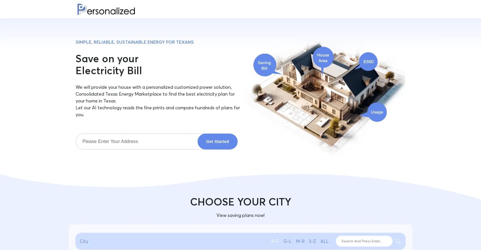 Personalized Energy homepage screenshot — Save on electricity with personalized AI-powered comparisons