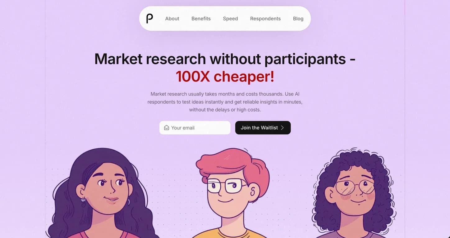 Personno homepage screenshot — Product research without users, 300x cheaper!