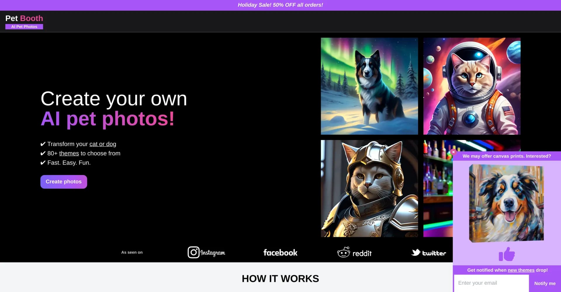 Pet Booth homepage screenshot — Transform your pet with AI-generated themed photos.