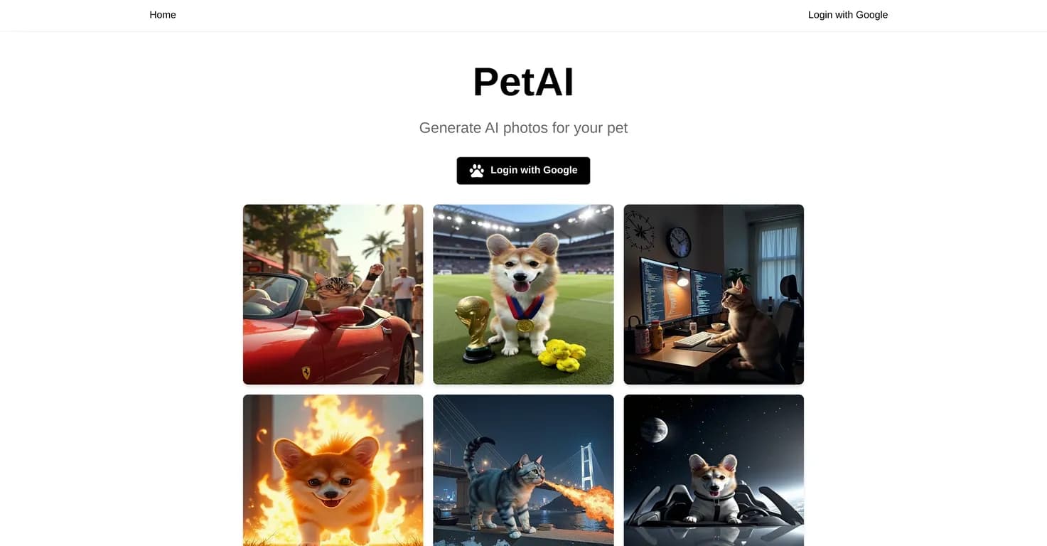 PetAI homepage screenshot — Transform your pet into AI art masterpieces.