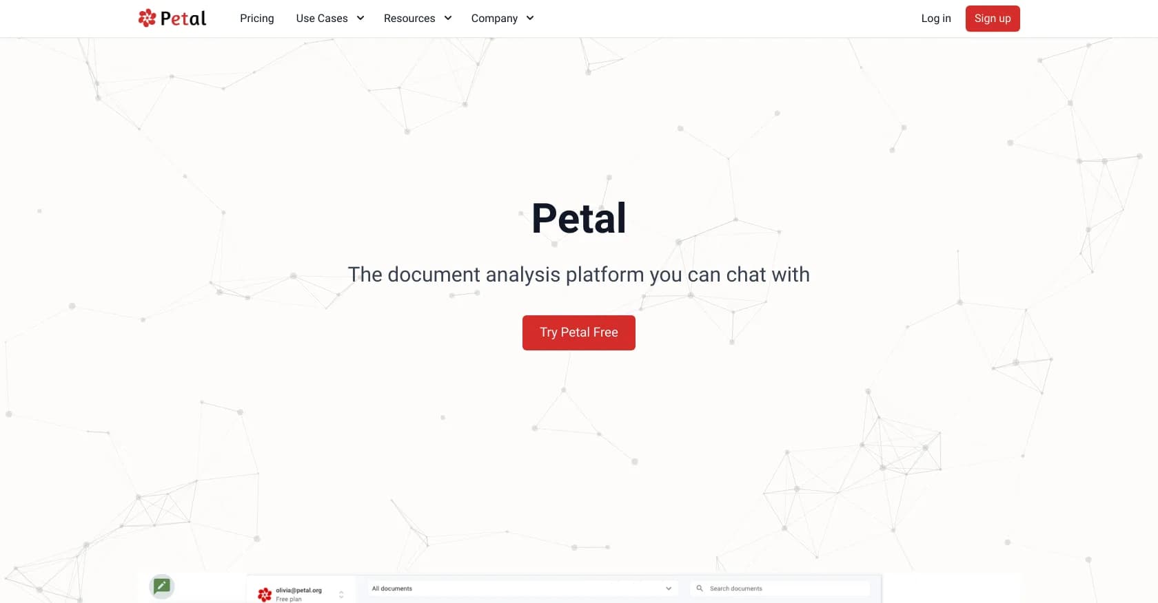 Petal homepage screenshot — Chat with your documents using AI-powered analysis.