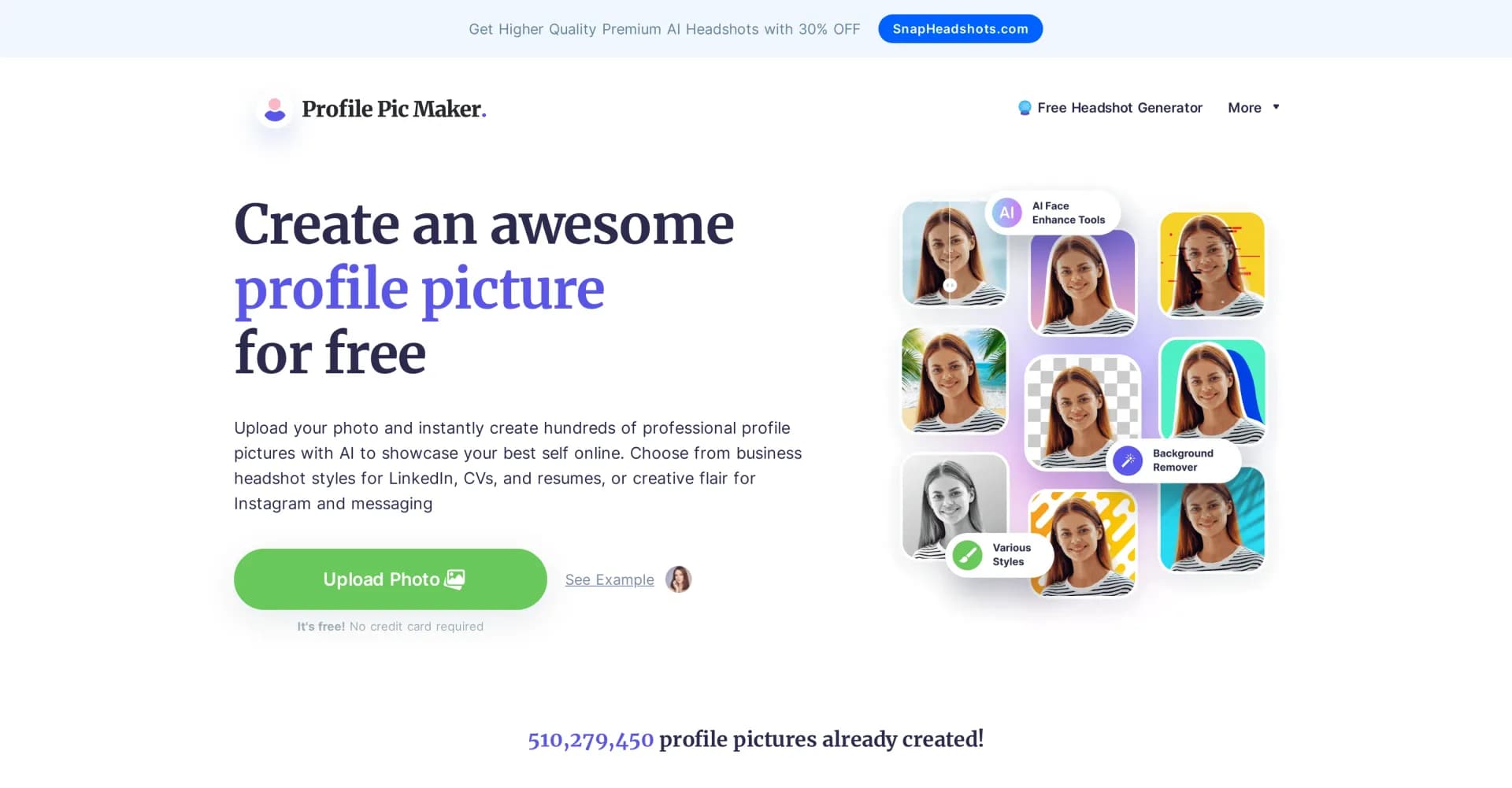 Pfpmaker homepage screenshot — Create perfect profile pictures with AI