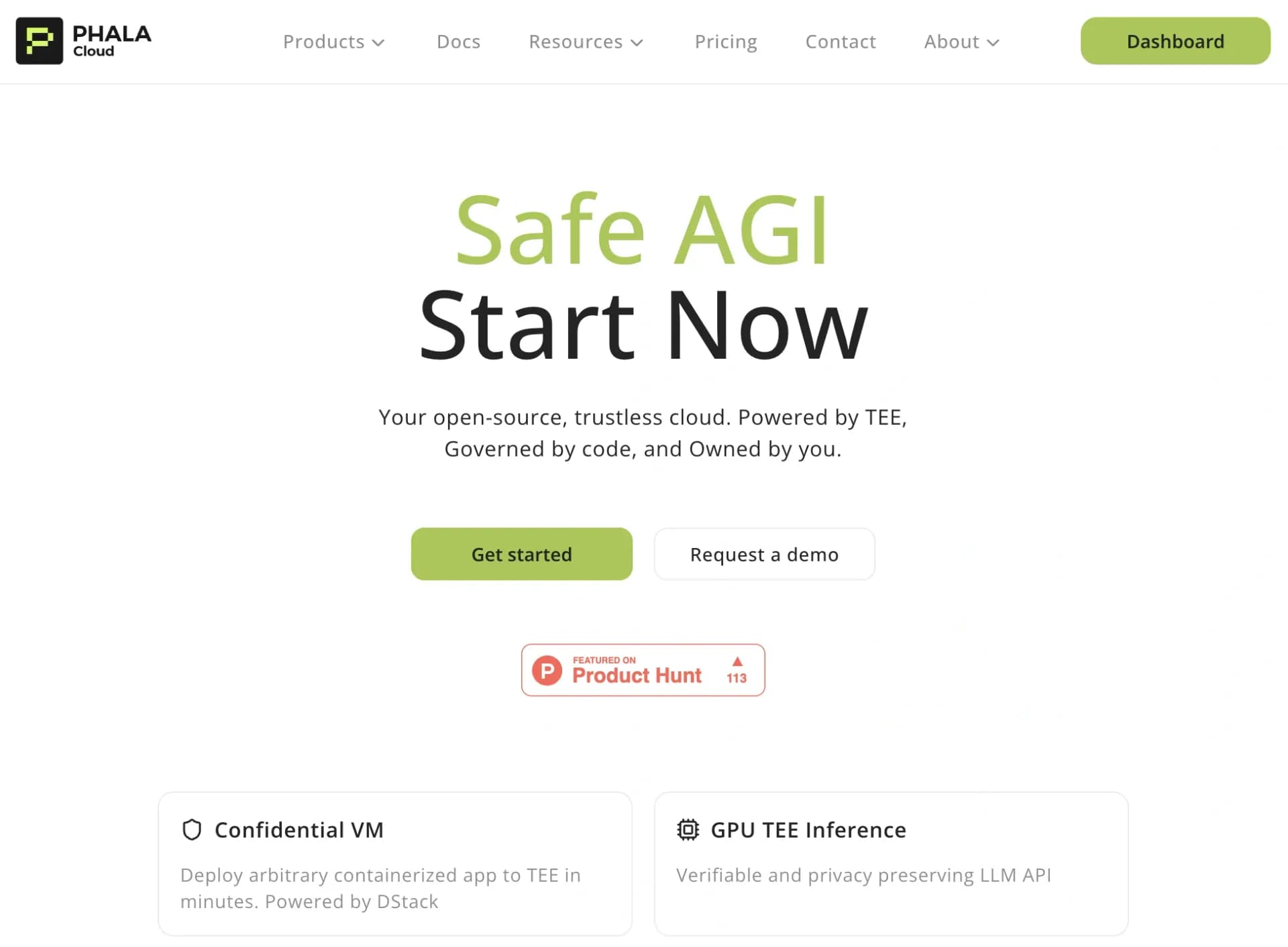 Phala Cloud homepage screenshot — Open-sourced Cloud For Private AI