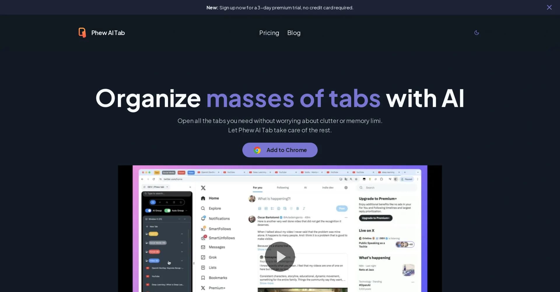 Phew AI Tab homepage screenshot — Organize masses of tabs with AI