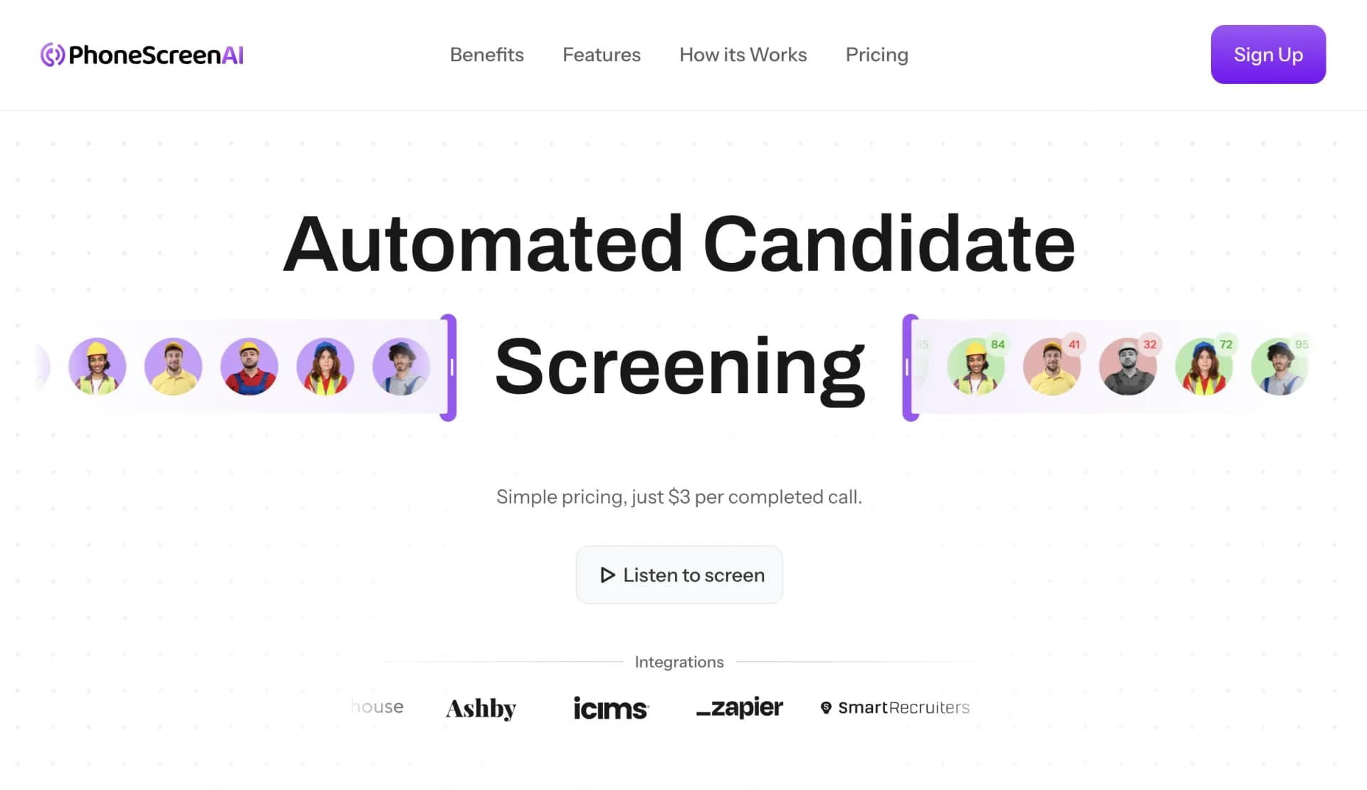 PhoneScreenAI homepage screenshot — Automated candidate screening with conversational AI