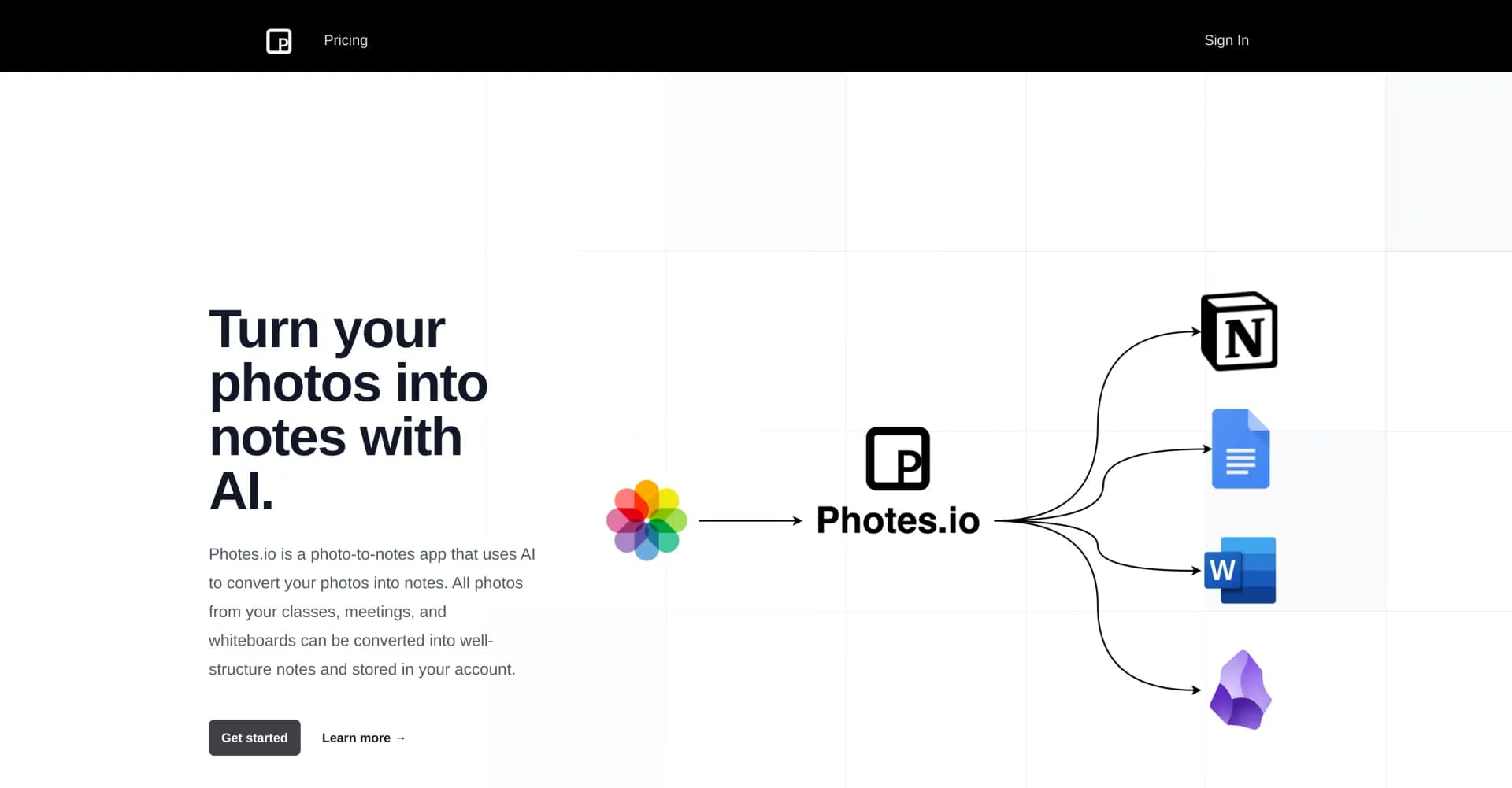 photes.io homepage screenshot — Turn photos into organized notes with AI