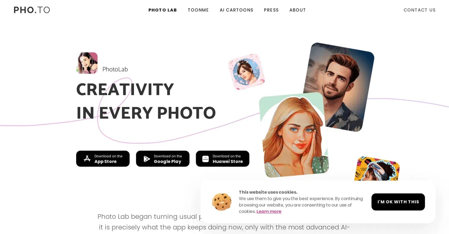 Photo Lab homepage screenshot — Turn ordinary photos into stunning art with AI.