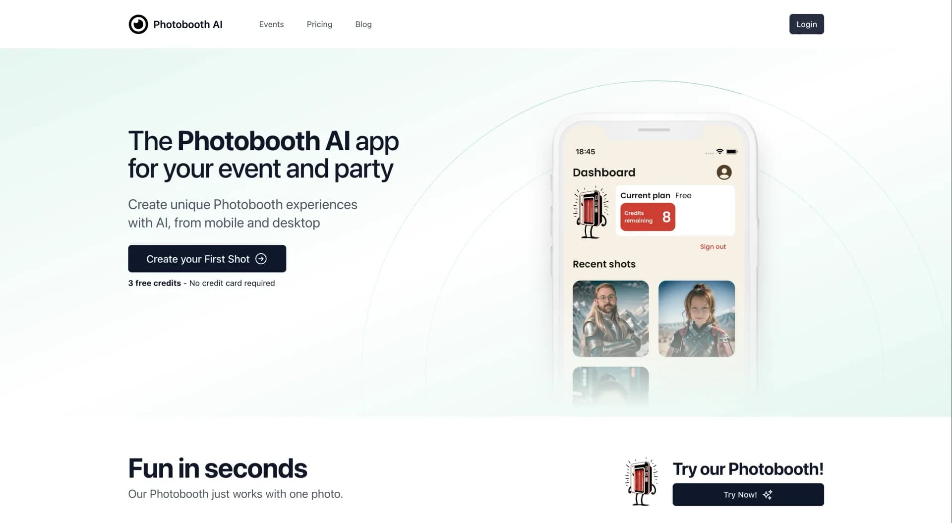 Photobooth AI homepage screenshot — The Photobooth AI app for your event and party