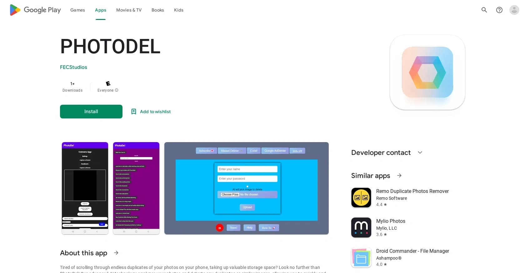 PhotoDel homepage screenshot — Duplicate image removal for storage optimization.