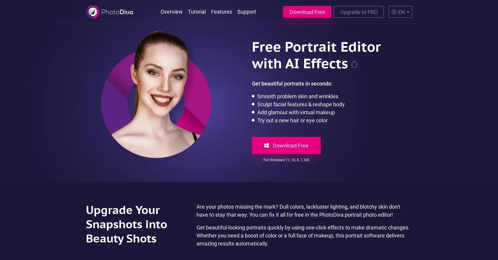 PhotoDiva homepage screenshot — Free AI-powered portrait editor for stunning photos
