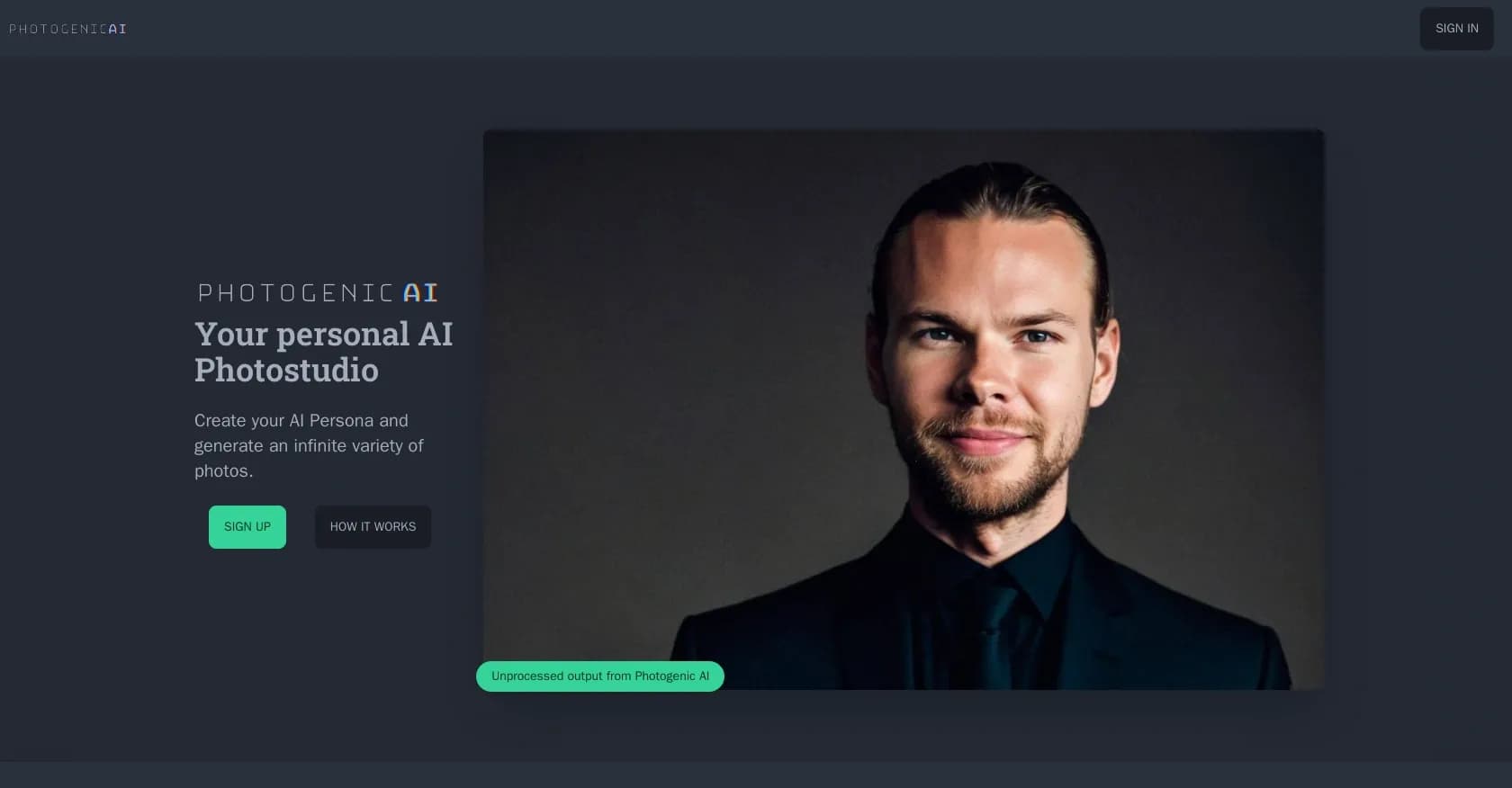 PhotogenicAI homepage screenshot — Create infinite AI photos with your personal photostudio