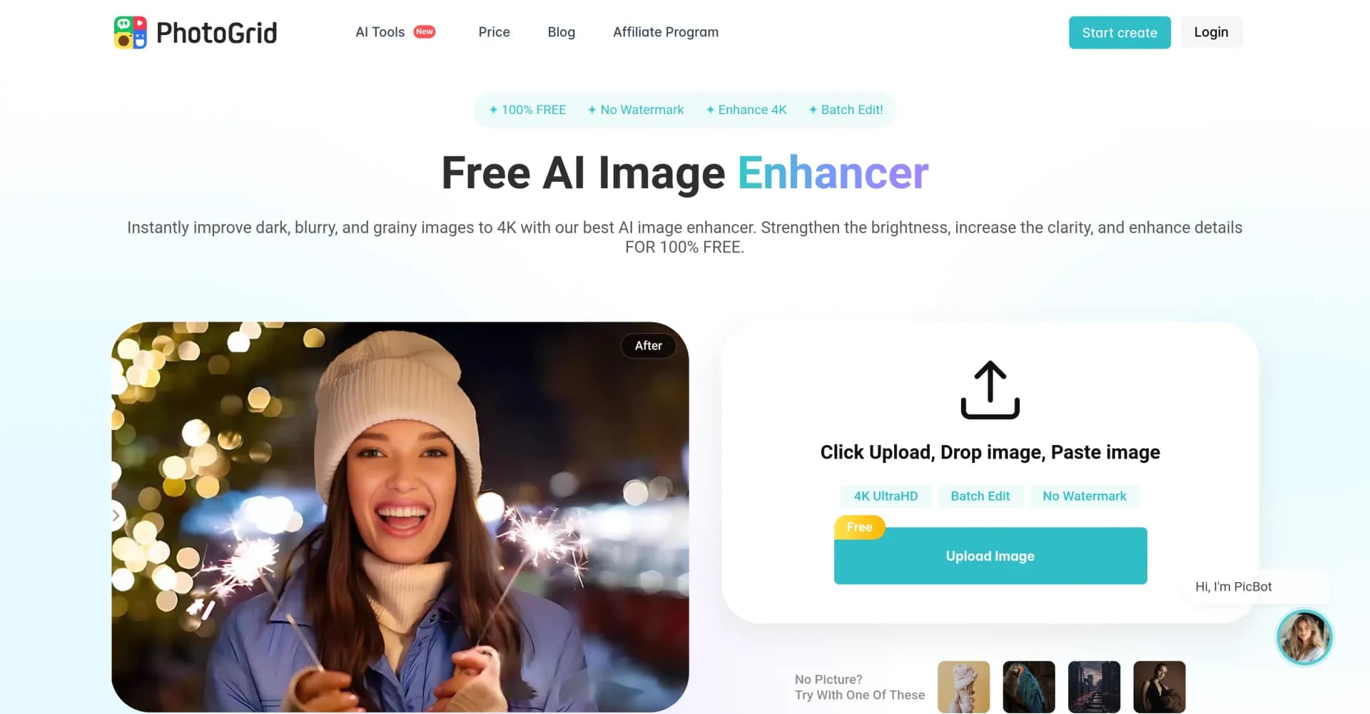 PhotoGrid AI Image Enhancer homepage screenshot — Enhance image quality with AI, instantly and free.