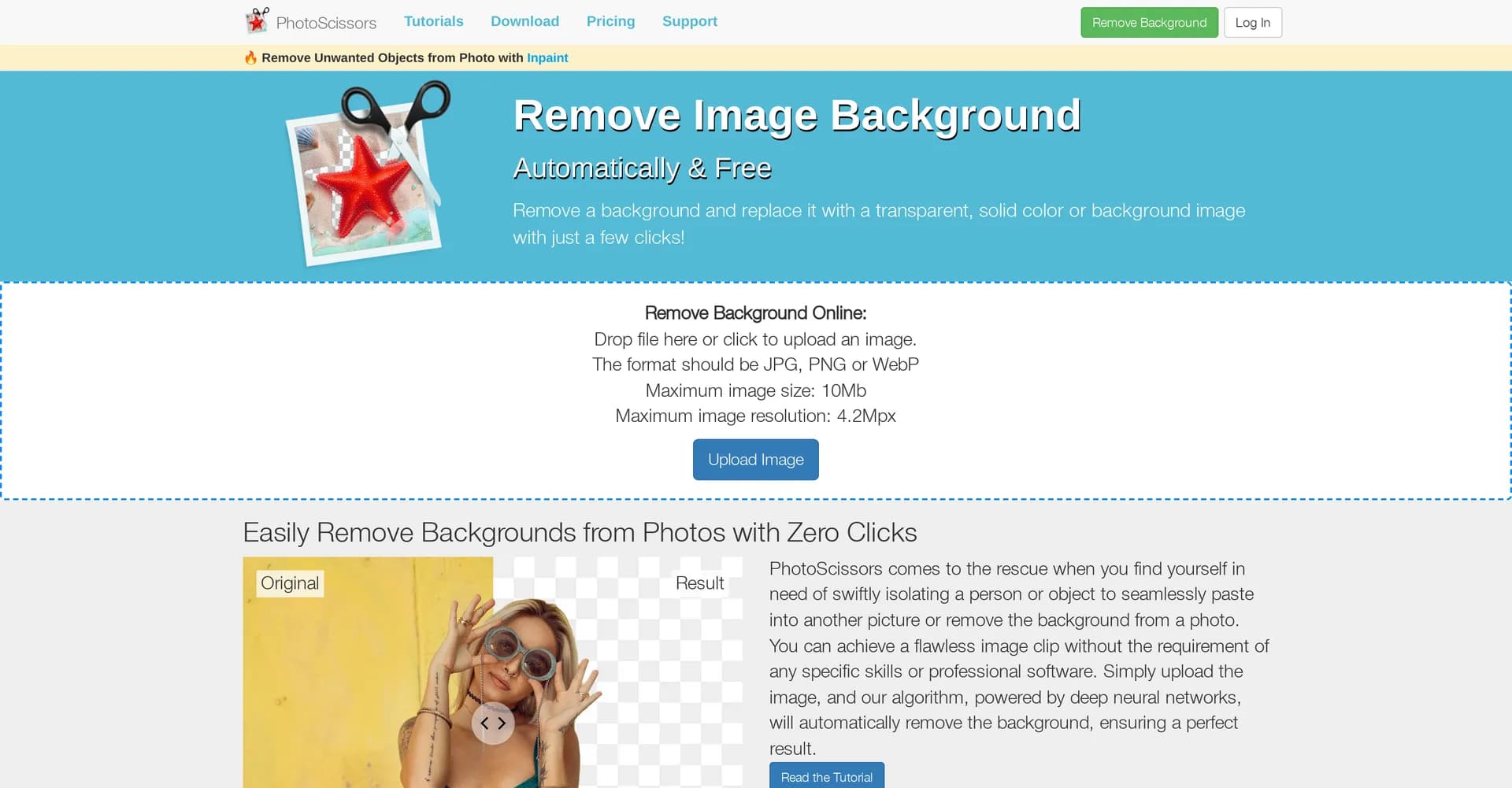 PhotoScissors homepage screenshot — Remove image backgrounds automatically and free.