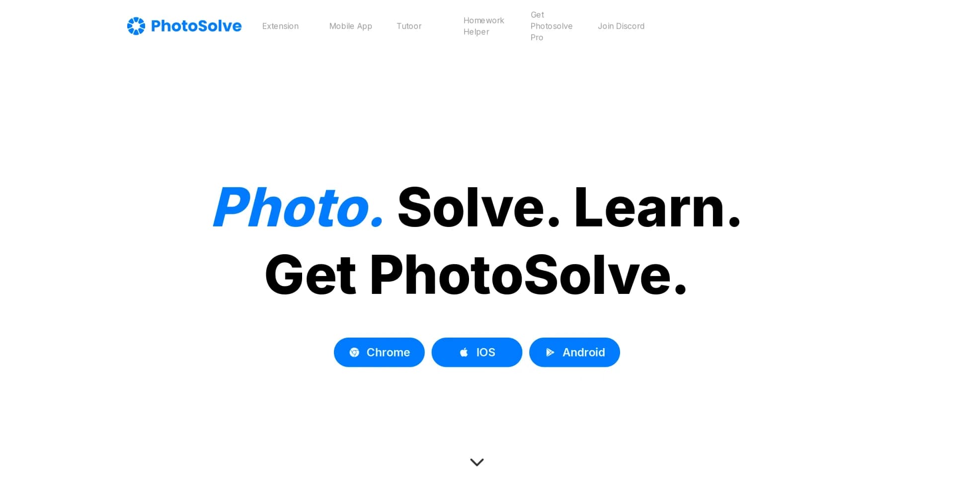 PhotoSolve homepage screenshot — Scan, solve, and learn from any question.