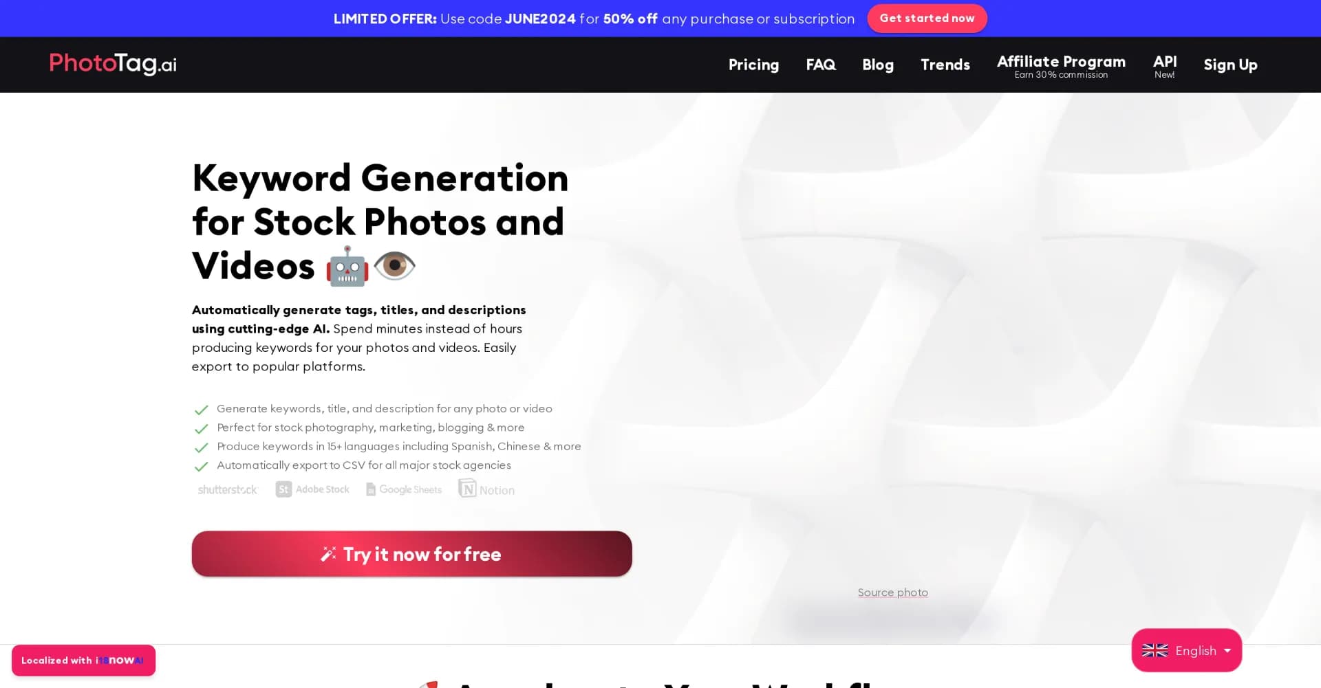 PhotoTag.ai homepage screenshot — AI-powered tagging for photos and videos in one click.