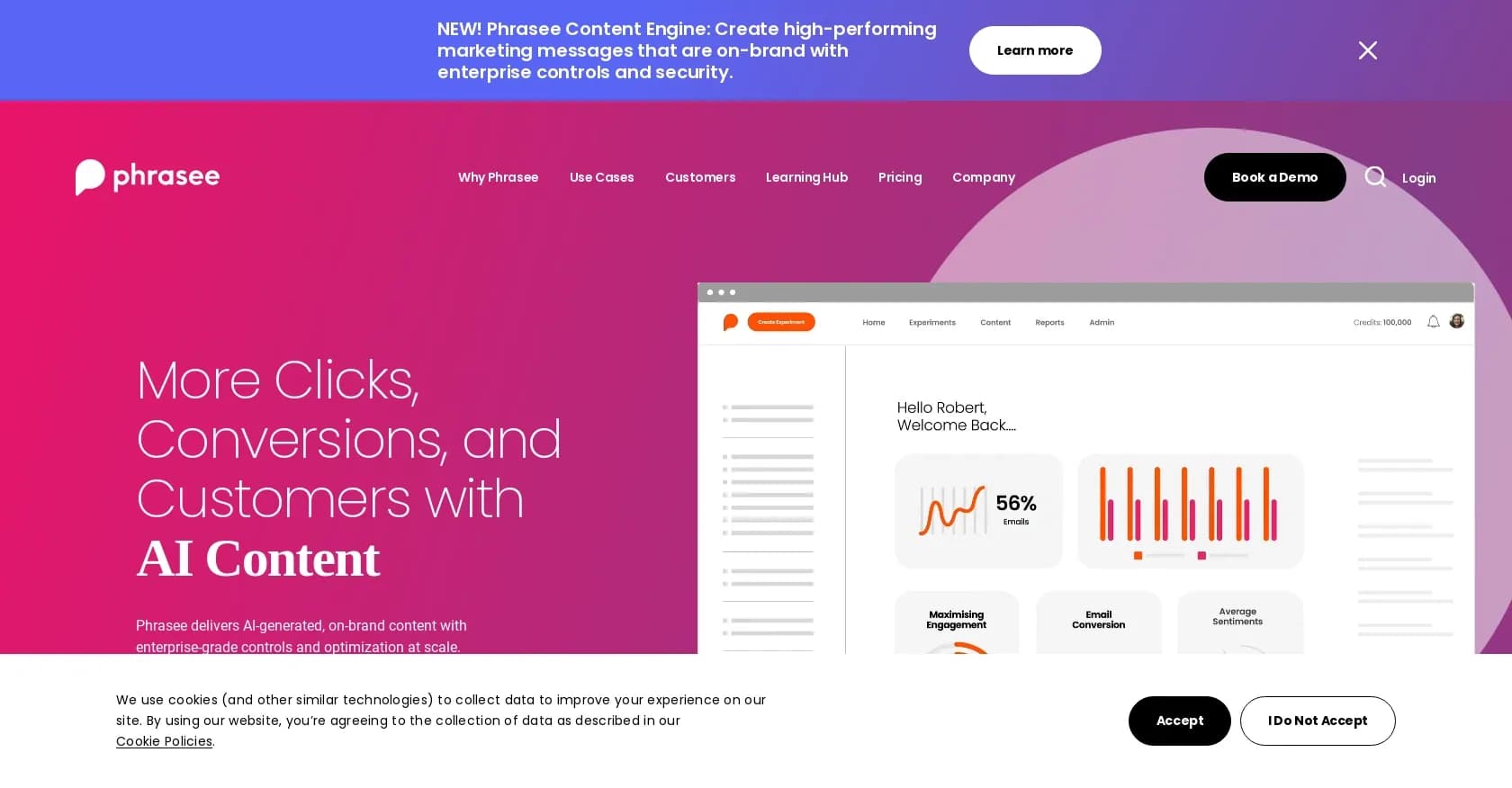 Phrasee homepage screenshot — AI-powered content optimization for enterprise marketers