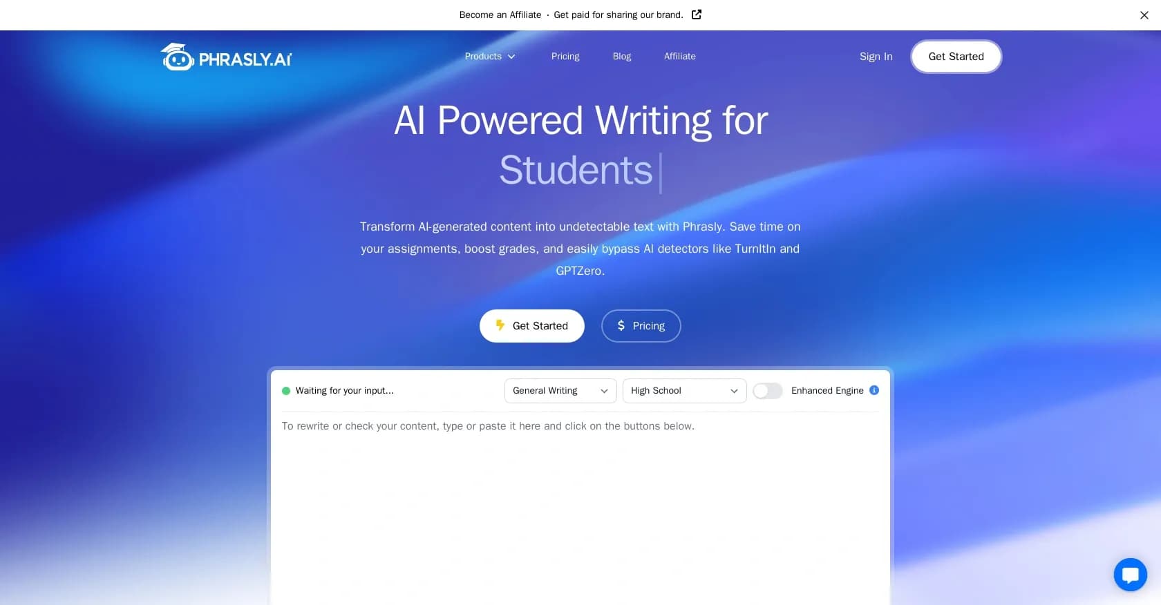 Phrasly homepage screenshot — Rewriting academic content for integrity preservation.