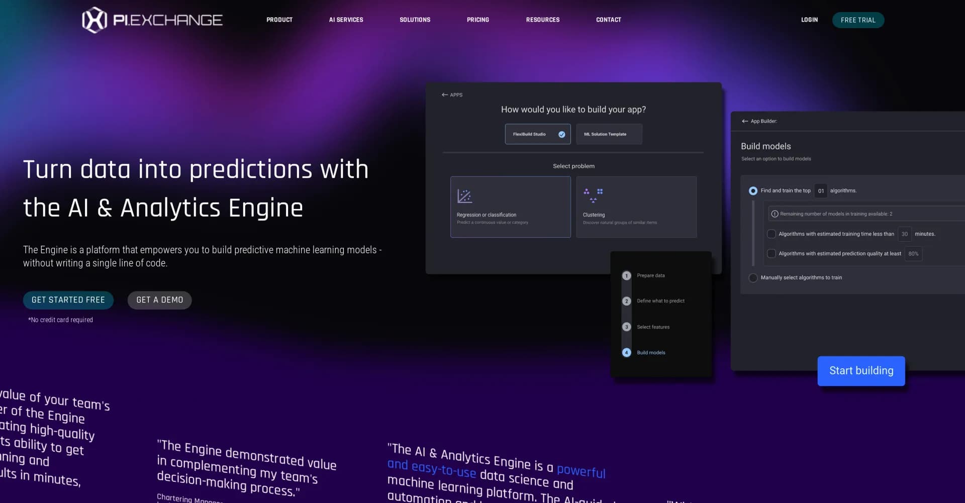 Pi Exchange homepage screenshot — From raw data to prediction in minutes, no coding required.