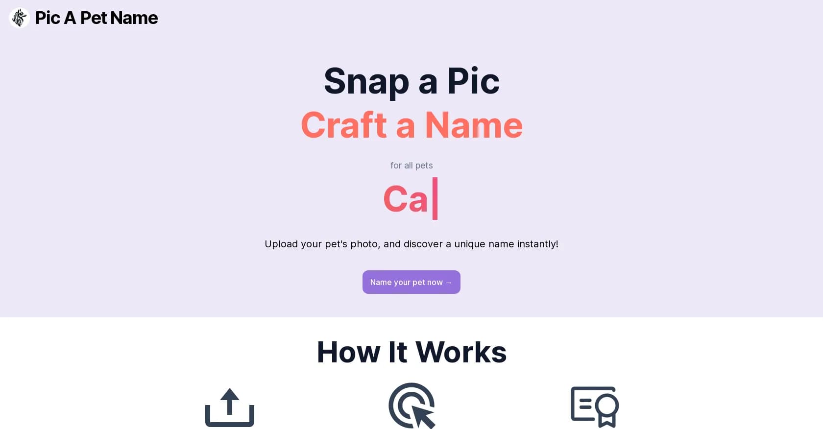 Pic A Pet Name homepage screenshot — Name your pet with a photo.