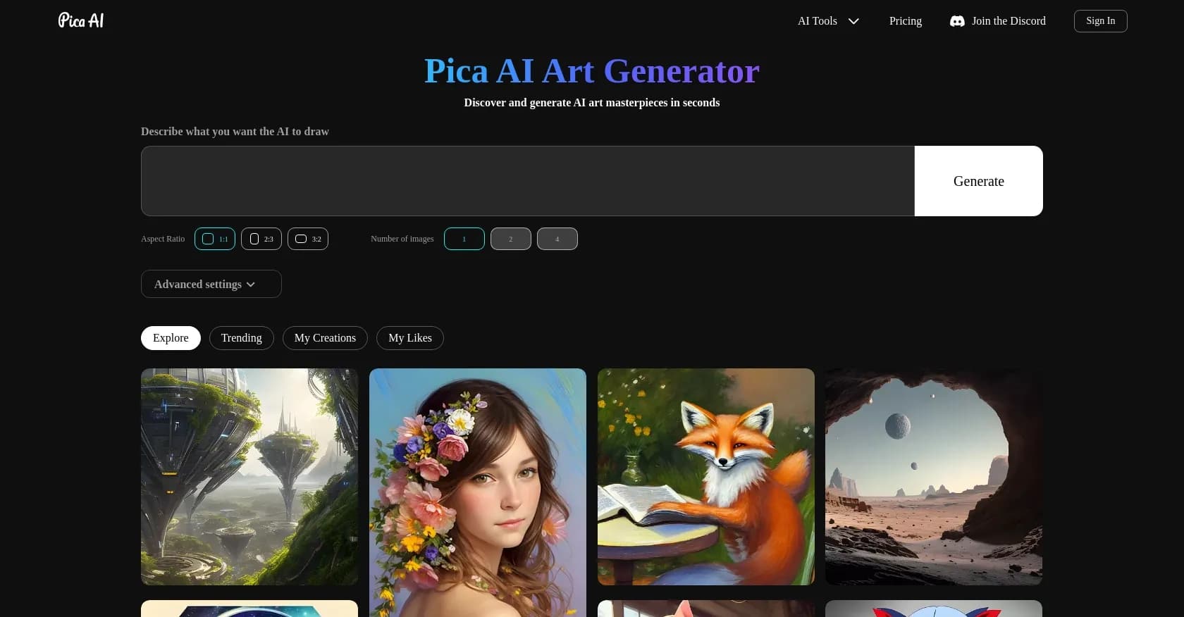 Pica AI homepage screenshot — Create stunning AI art in seconds