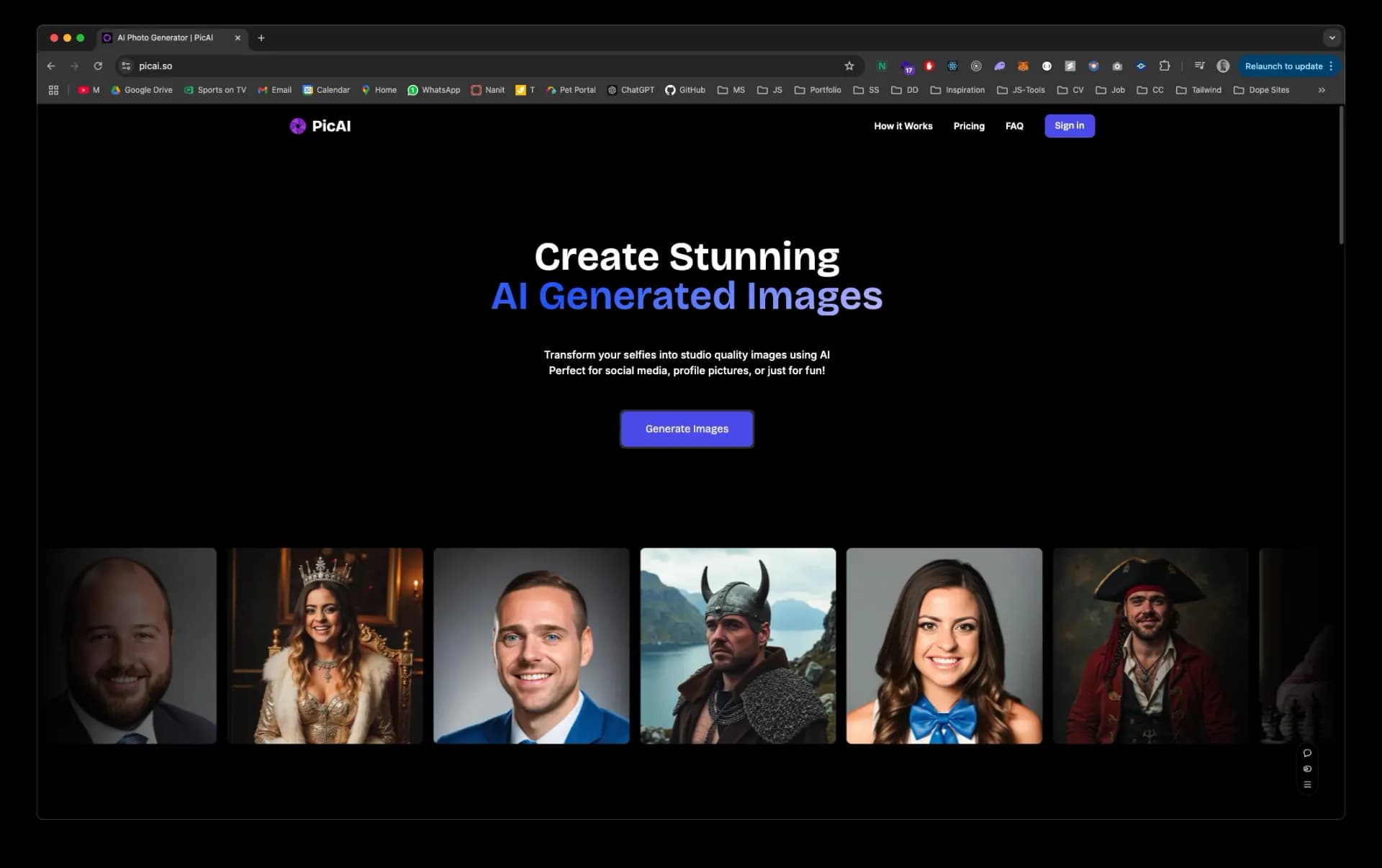 PicAI homepage screenshot — Transform selfies into stunning AI-generated images