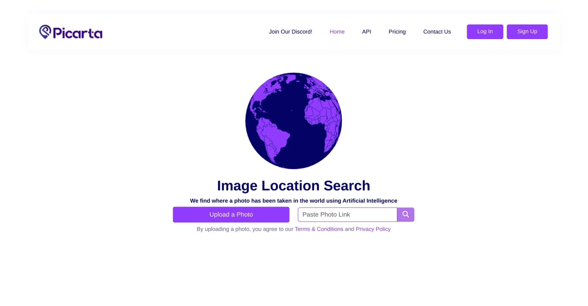 Picarta homepage screenshot — Find where photos were taken using AI.