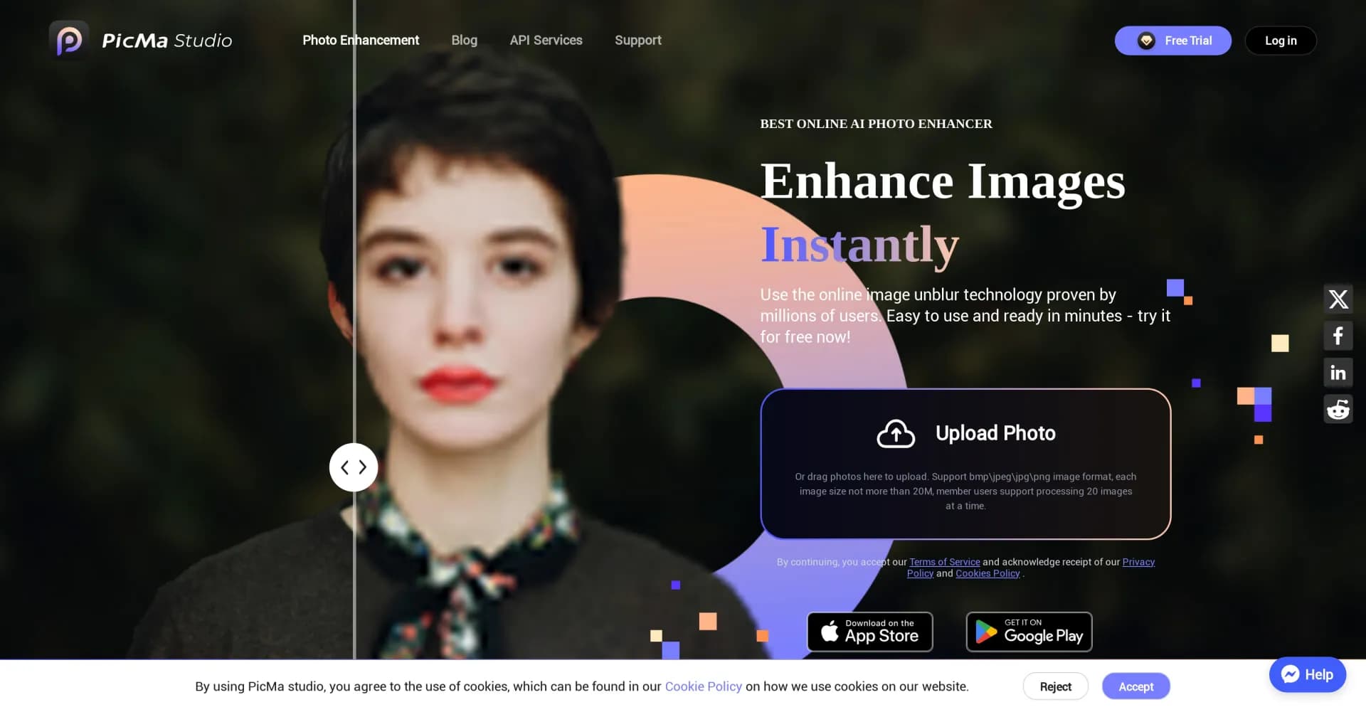 PicMa Photo Enhancer homepage screenshot — AI-powered photo enhancement in one click