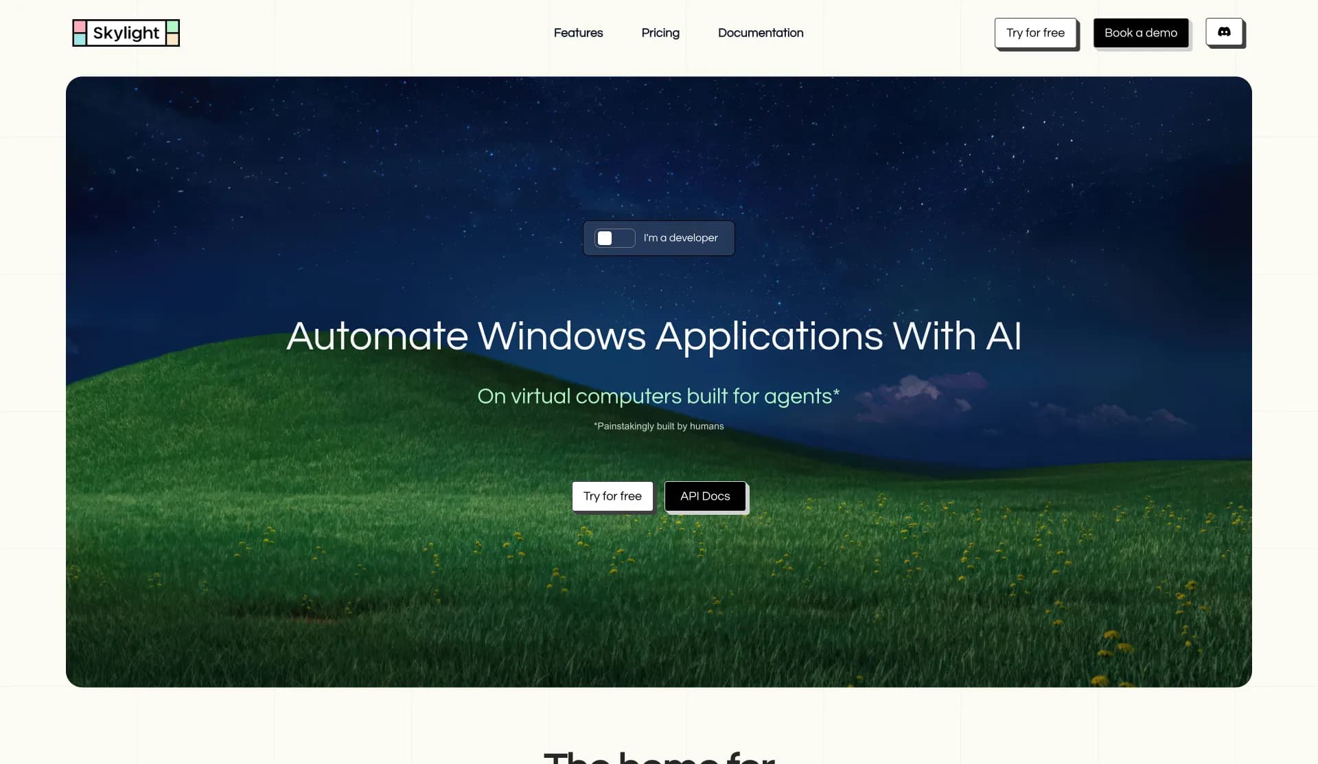 Skylight homepage screenshot — Automate Windows With AI