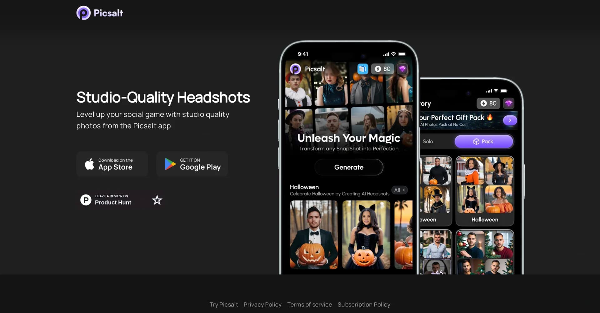 Picsalt homepage screenshot — Generate professional AI headshots instantly.