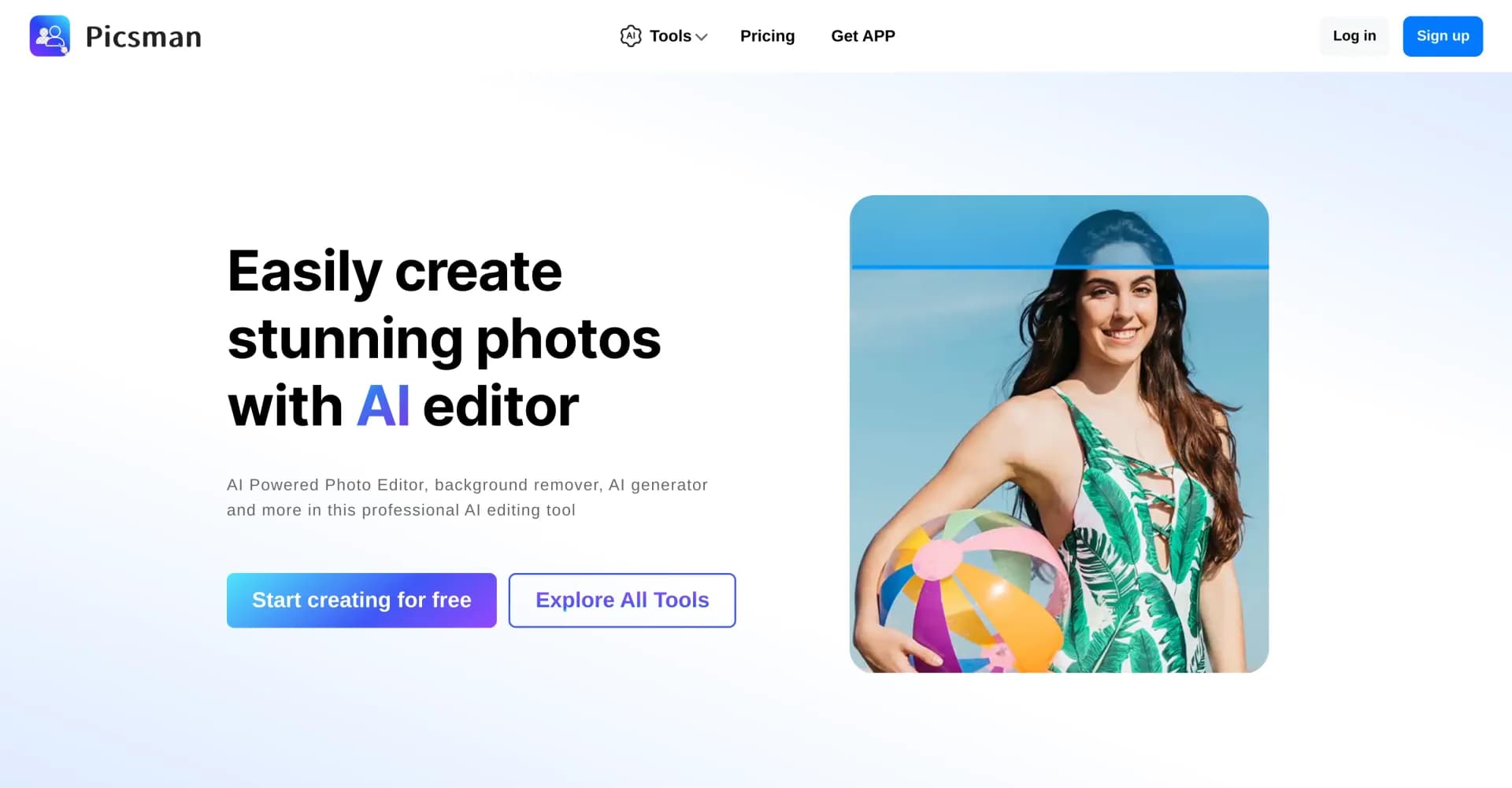 Picsman - AI Photo Editor homepage screenshot — AI Powered Photo Editor, background remover, AI generator.