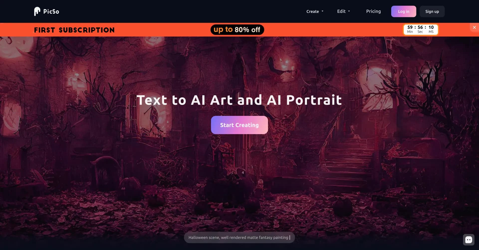 PicSo homepage screenshot — Turn words into stunning AI art.